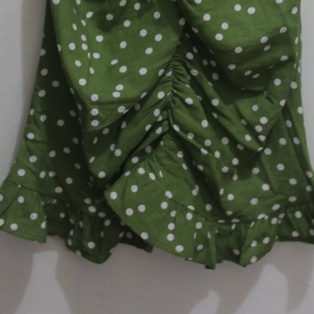 NTW Linen Blend Polka Dot Green Draped Dress. - Picture 5 of 6